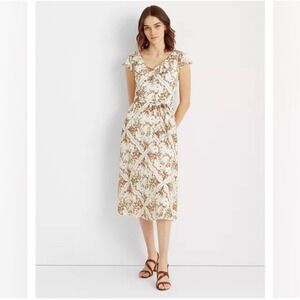 LAUREN Ralph Lauren Floral Print Midi Dress Ruffle‎ V Neck Tie Waist Womens